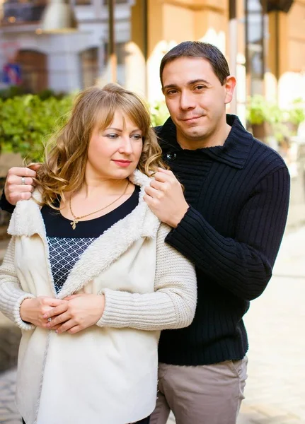 Happy Middle Age Couple Love Having Fun Outdoors Smiling Romantic — Stock Photo, Image