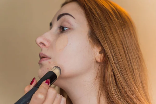 Acne Scars Simple Woman Close Natural Portrait Makeup Retouch Problem — Stock Photo, Image