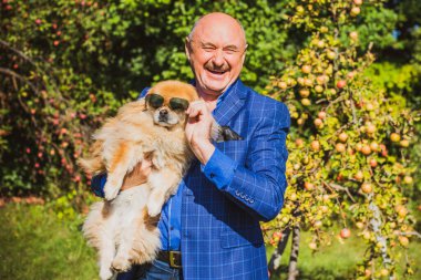 Emekli olmuş yaşlı bir adam, parkta gezintiye çıkmış kırmızı Pekin hayvanıyla köpek sever. Hayvanların sevgisini ve bakımını kavrayın. İyi insanlar evcil hayvanlara bakar.