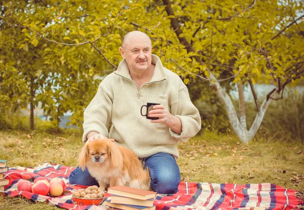 Hombre Mayor Retirado Amante Los Perros Con Mascota Pekinesa Roja — Foto de Stock