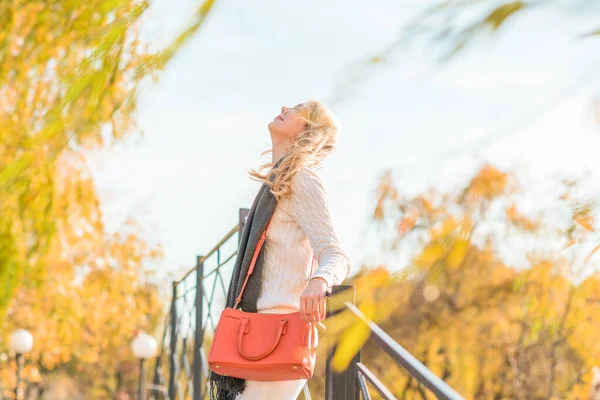 Hösten Gyllene Tid Porträtt Fashionabla Kvinna Parken Utomhus — Stockfoto