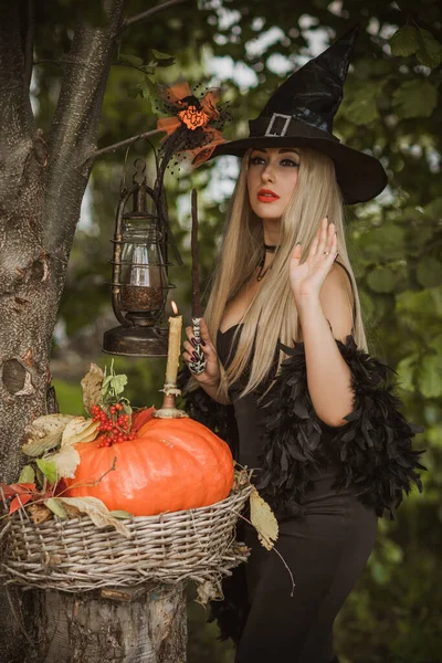 Wiedźma Halloween Lesie Piękna Młoda Kobieta Nowoczesnym Stroju Czarownic Czas — Zdjęcie stockowe