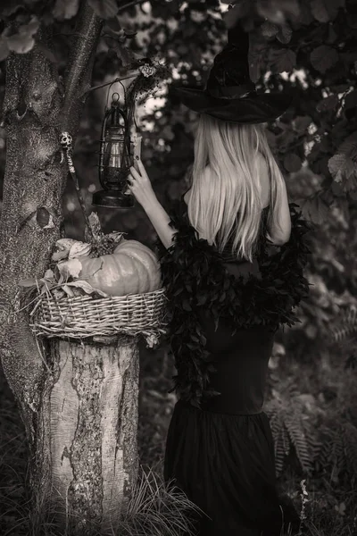 Bruxa Halloween Numa Floresta Mulher Bonita Bruxas Vestido Moderno Hora — Fotografia de Stock