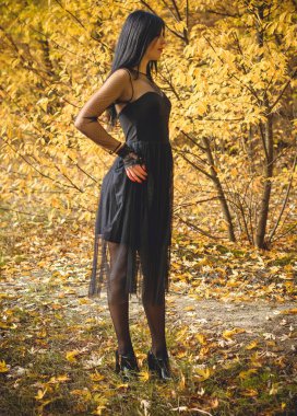 Karanlık bir ormanda cadılar bayramı cadısı. Modern cadılar gibi giyinmiş güzel bir kadın. Cadılar Bayramı sanat tasarımı. Cadılar Bayramı Konsepti için karanlık tema