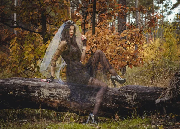 Halloween Witch Dark Forest Beautiful Young Woman Witches Modern Dress — Stock Photo, Image