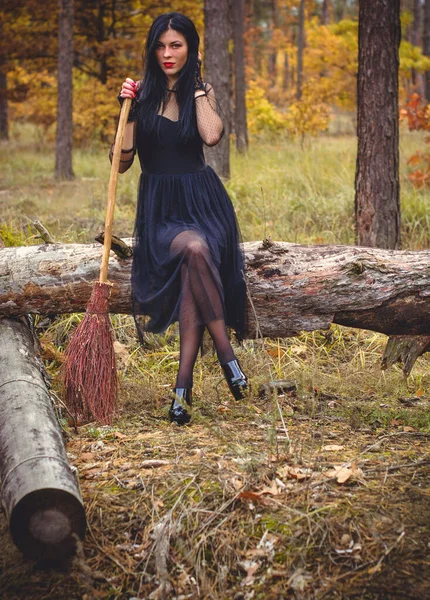 Bruja Halloween Bosque Oscuro Hermosa Mujer Joven Vestido Moderno Brujas — Foto de Stock