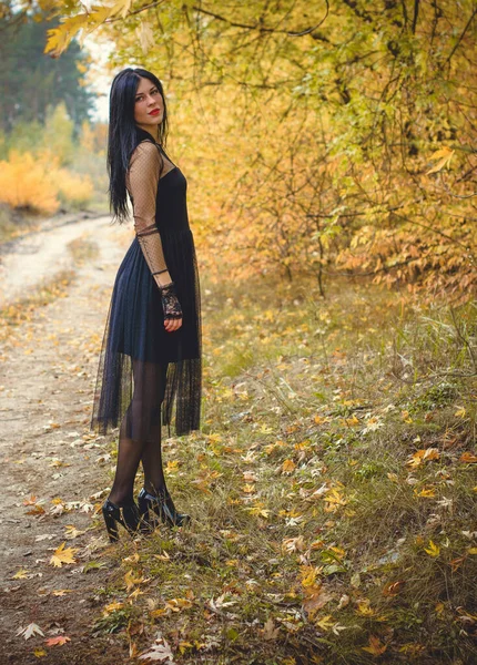 暗い森の中のハロウィーンの魔女 魔女のモダンなドレスの美しい若い女性 ハロウィンアートデザイン ハロウィーンのコンセプトのための暗いテーマ — ストック写真