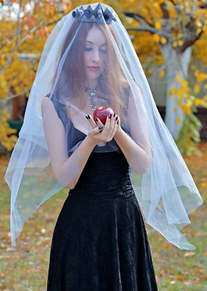 Halloween Čarodějnice Lese Krásná Mladá Žena Moderních Šatech Čarodějnic Halloween — Stock fotografie