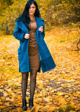 Sonbahar mavisi büyük montlu güzel bir kadının portresi. Esmer moda kadını, sonbahar manzarasına karşı yürüyordu. Zarif bir kadının moda fotoğrafıydı.  