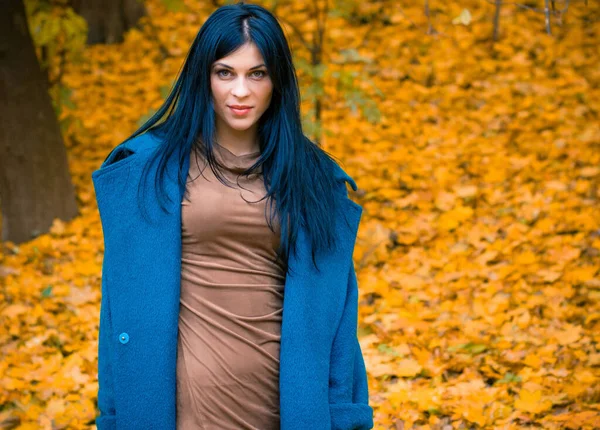 Portrait of young beautiful woman in autumn blue oversize coat. Brunette fashion woman walking outdoor against an autumn nature landscape High fashion photo of elegant woman stylish