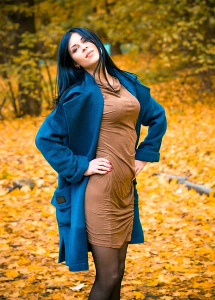 Egy Fiatal Gyönyörű Portréja Ősszel Kék Túlméretezett Kabátban Barna Divat — Stock Fotó