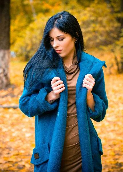 Portrét Mladé Krásné Ženy Podzimní Modré Přerostlé Bundě Bruneta Módní — Stock fotografie