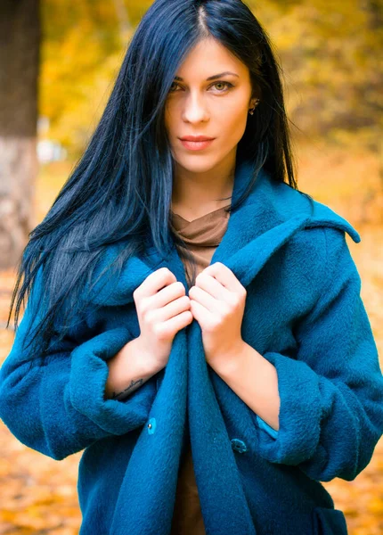 Sonbahar Mavisi Büyük Montlu Güzel Bir Kadının Portresi Esmer Moda — Stok fotoğraf