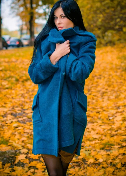 穿着深蓝色超大号外套的年轻漂亮女子的画像 布鲁内特时尚女人走在户外与秋天的自然景观相映成趣优雅女人时尚的高级时尚照片 — 图库照片