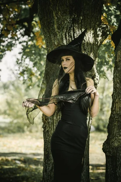 Traje Halloween Para Dama Hermosa Mujer Joven Vestido Moderno Negro — Foto de Stock