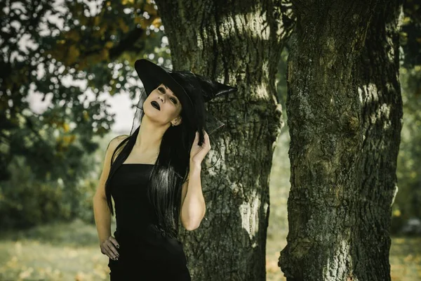 Halloween Oblečení Pro Dámu Krásná Mladá Žena Černých Moderních Šatech — Stock fotografie