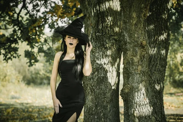 Tenue Halloween Pour Dame Belle Jeune Femme Robe Moderne Noire — Photo