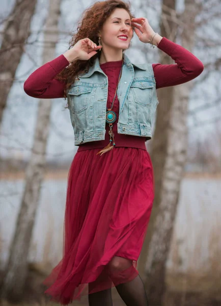 Fashionable Woman Jeans Vest Marsala Dress Stylish Woman Outfit — стоковое фото