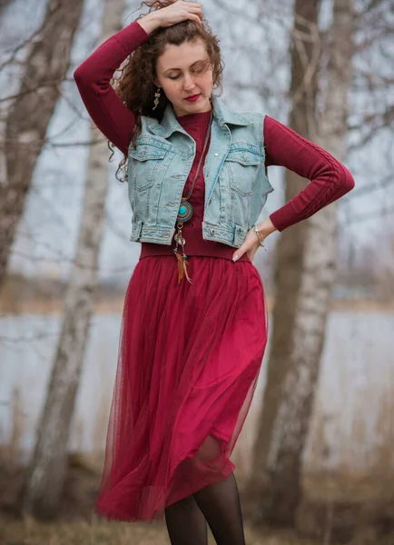 Fashionable Woman Jeans Vest Marsala Dress Stylish Woman Outfit — стоковое фото