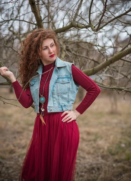 Fashionable Woman Jeans Vest Marsala Dress Stylish Woman Outfit — стоковое фото