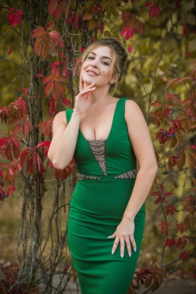 Mulher Elegante Vestido Verde Roupa Mulher Estilo Extravagante Para Senhoras — Fotografia de Stock