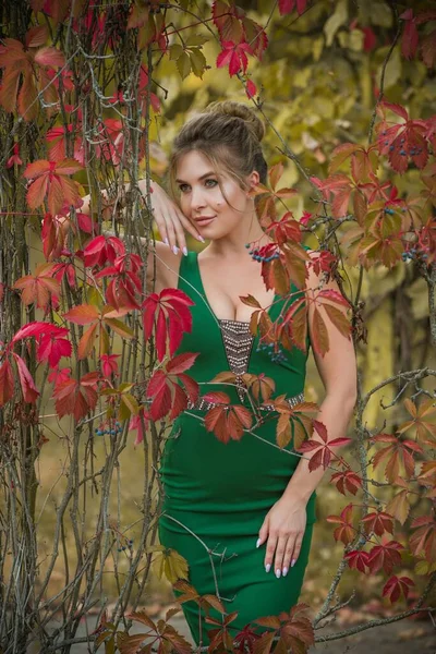Elegancka Kobieta Zielonej Sukience Kobiecy Strój Fantazyjny Styl Dla Pań — Zdjęcie stockowe