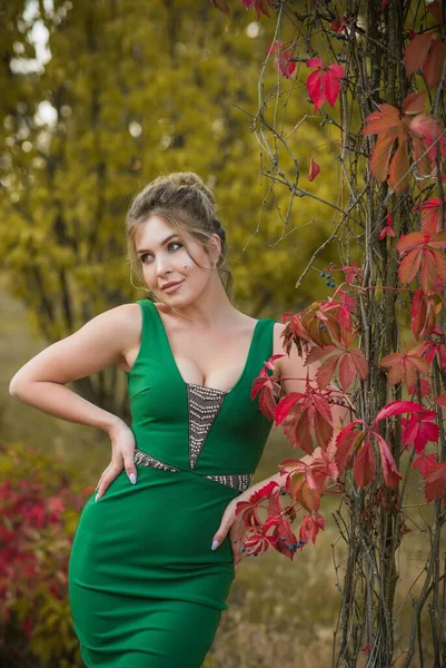 Yeşil elbiseli zarif bir kadın, kadın kıyafeti. Hanımlar için süslü bir tarz, sonbahar renkleri ve moda detayları. güzel renkler 