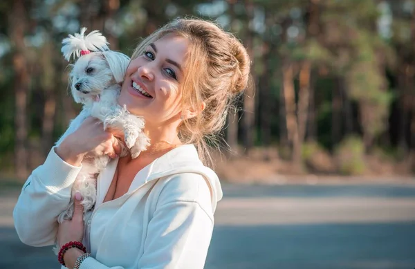 Frau Mit Einem Kleinen Modischen Luxus Schoßhund Beim Gassigehen Haustier — Stockfoto