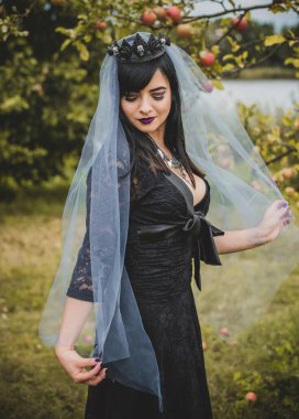 Mor peçeli gotik bayan Cadılar Bayramı için göz kamaştırıcı bir klasik. Klasik kıyafetler içinde güzel bir vatandaş. El yapımı güzel aksesuarlar. Cadılar Bayramı için fikirler