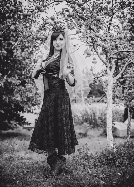 Gotiska Dam Lila Slöja Glamorös Vintage Look För Halloween Vacker — Stockfoto