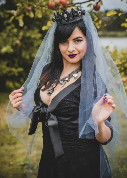 Mor peçeli gotik bayan Cadılar Bayramı için göz kamaştırıcı bir klasik. Klasik kıyafetler içinde güzel bir vatandaş. El yapımı güzel aksesuarlar. Cadılar Bayramı için fikirler