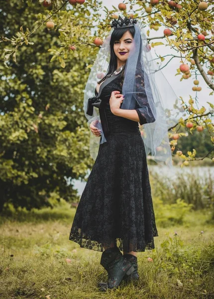 Gothic Lady Einem Lila Schleier Glamourösen Vintage Look Für Halloween — Stockfoto