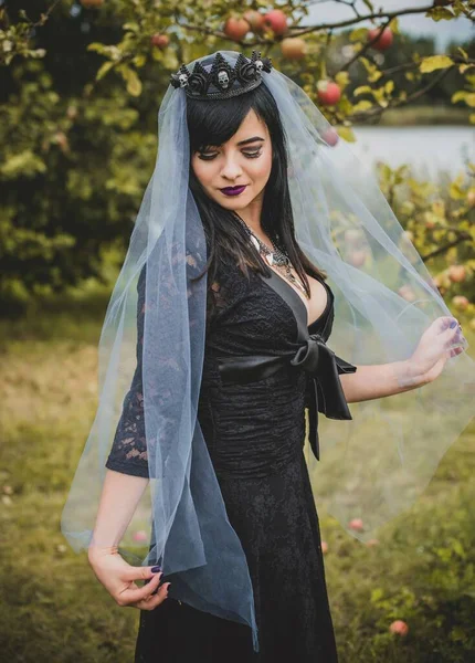 Mor peçeli gotik bayan Cadılar Bayramı için göz kamaştırıcı bir klasik. Klasik kıyafetler içinde güzel bir vatandaş. El yapımı güzel aksesuarlar. Cadılar Bayramı için fikirler