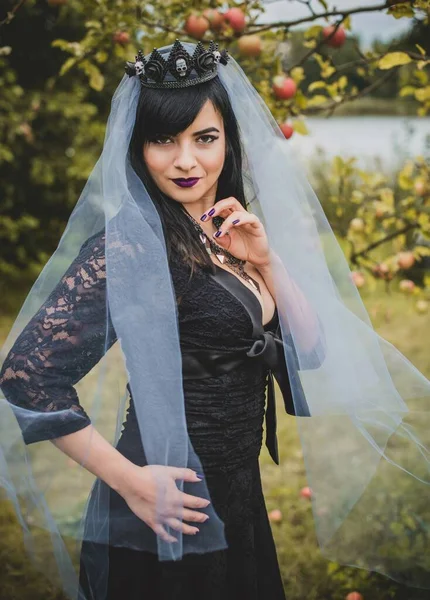 Mor peçeli gotik bayan Cadılar Bayramı için göz kamaştırıcı bir klasik. Klasik kıyafetler içinde güzel bir vatandaş. El yapımı güzel aksesuarlar. Cadılar Bayramı için fikirler