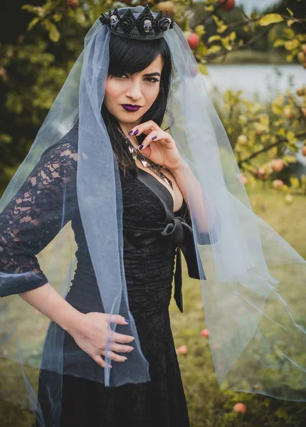 Mor peçeli gotik bayan Cadılar Bayramı için göz kamaştırıcı bir klasik. Klasik kıyafetler içinde güzel bir vatandaş. El yapımı güzel aksesuarlar. Cadılar Bayramı için fikirler