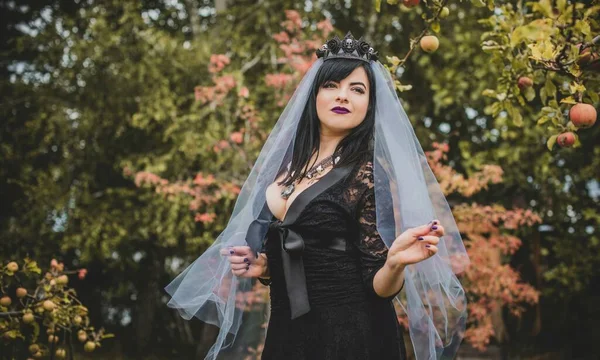 Gothic Lady Einem Lila Schleier Glamourösen Vintage Look Für Halloween — Stockfoto