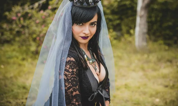 Mor Peçeli Gotik Bayan Cadılar Bayramı Için Göz Kamaştırıcı Bir — Stok fotoğraf
