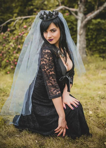 Mor peçeli gotik bayan Cadılar Bayramı için göz kamaştırıcı bir klasik. Klasik kıyafetler içinde güzel bir vatandaş. El yapımı güzel aksesuarlar. Cadılar Bayramı için fikirler