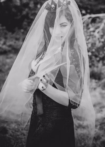 Gothic Lady Purple Veil Glamorous Vintage Look Halloween Beautiful Citizen — Stock Photo, Image