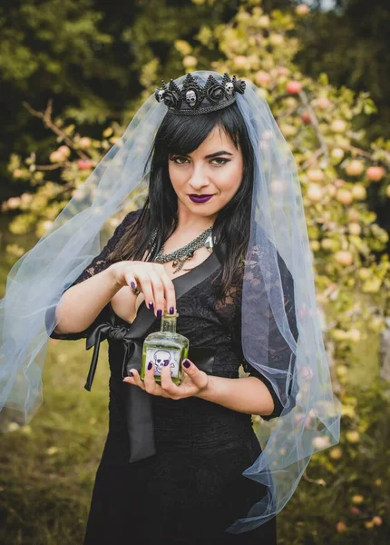 Gotická Dáma Purpurovém Závoji Okouzlující Retro Vzhled Halloween Krásný Občan — Stock fotografie