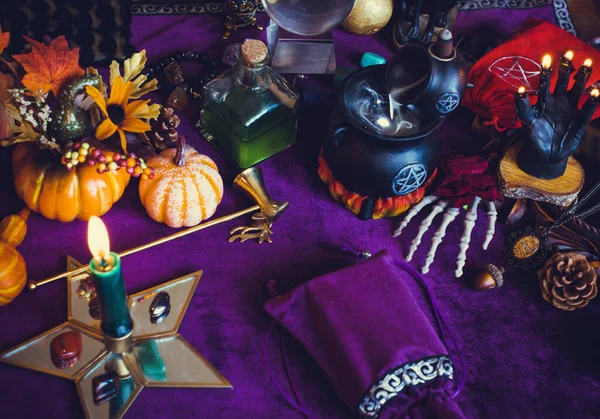 Magic Scene Mystical Atmosphere View Wicca Velvet Table Esoteric Concept — Stock Photo, Image