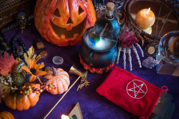 Magic scene, Mystical atmosphere, view of wicca the velvet table, esoteric concept, fortune telling and predictions