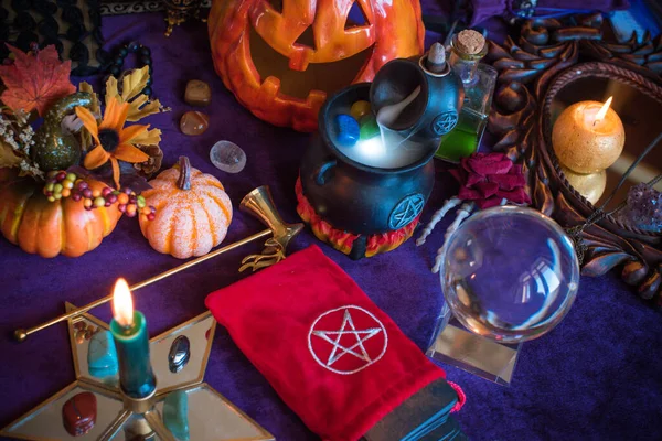 Magic Scene Mystical Atmosphere View Wicca Velvet Table Esoteric Concept — Stock Photo, Image