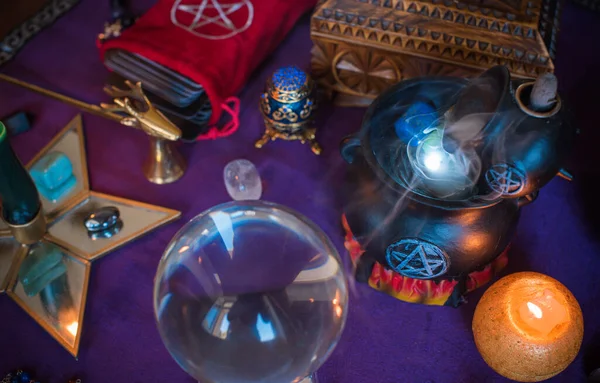 Magic scene, Mystical atmosphere, view of wicca the velvet table, esoteric concept, fortune telling and predictions