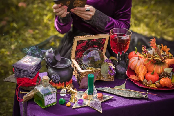 Magic scene, Mystical atmosphere, view of wicca the velvet table, esoteric concept, fortune telling and predictions