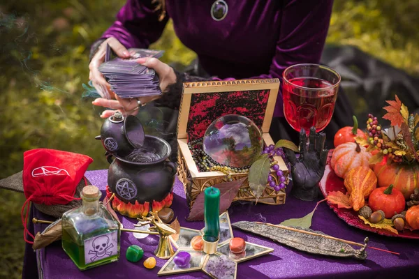 Magic scene, Mystical atmosphere, view of wicca the velvet table, esoteric concept, fortune telling and predictions