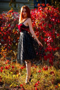 Sonbahar modası, şık giyimli kız. Klasik tonlarda kadın portresi. Kadife gömlekli, benekli etekli kızıl saçlı kadın.