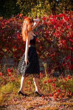 Sonbahar modası, şık giyimli kız. Klasik tonlarda kadın portresi. Kadife gömlekli, benekli etekli kızıl saçlı kadın.