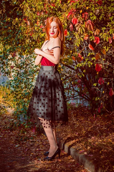 秋の傾向は スタイリッシュな服を着た女の子 ヴィンテージトーンで女性の肖像画 赤い髪の女性でベルベットシャツとポルカドットスカート — ストック写真