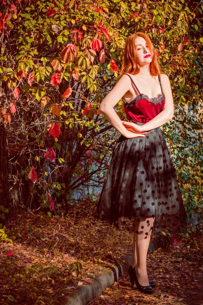 Herbsttrend Stylisch Gekleidetes Mädchen Frauenporträt Vintage Tönen Dame Mit Rotem — Stockfoto